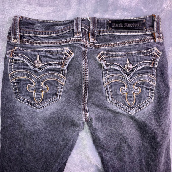 Rock Revival Jeans Womens 30 Debbie Straight Leg Faded Black Flap Pocket‎ Grunge - Picture 8 of 12